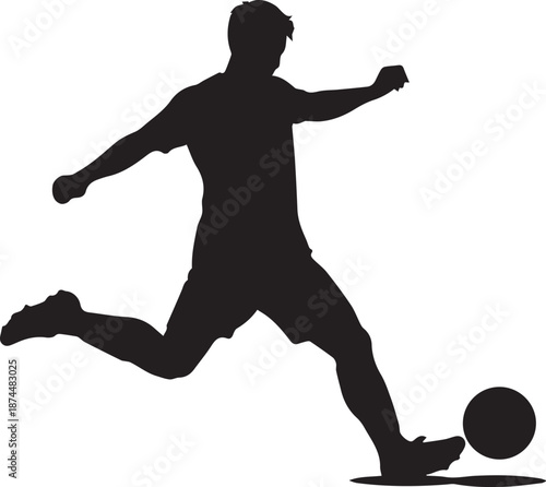 Man kicking soccer ball in dynamic silhouette against a white background viewed from the side
