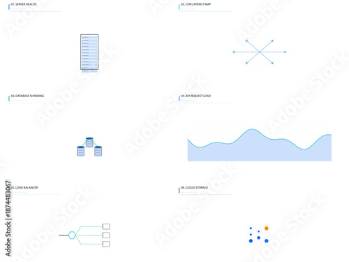 Cloud Computing and DevOps Architecture  Light Mode UI Kit: Server Racks, Database Sharding, API Traffic & Load Balancer