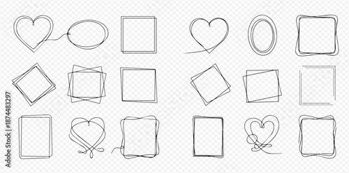 Set of hand-drawn doodle frames with various shapes and continuous line art style.