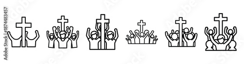 faithful crowd cheering Line art illustration isolated on white background of palm sunday icons