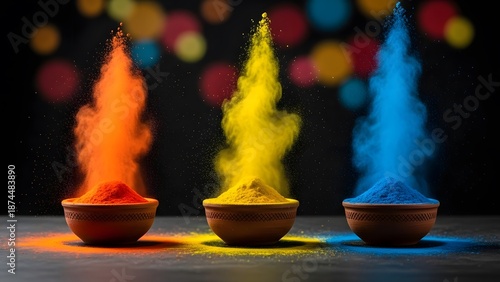 Vibrant explosion of colorful powder in orange yellow and blue hues against a dark background