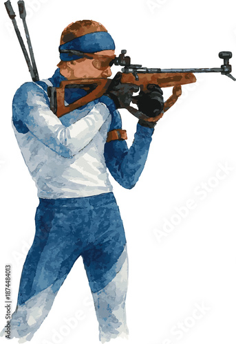 Vector watercolor illustration of a biathlonist standing and shooting