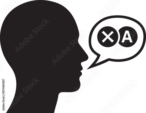 Silhouette of a person speaking with a speech bubble containing X and A symbols