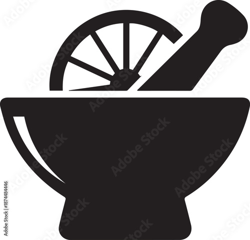 Black silhouette of mortar and pestle with citrus slice on white background