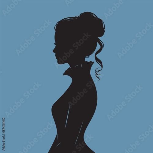 Elegant silhouette of a woman with an updo hairstyle against a blue background