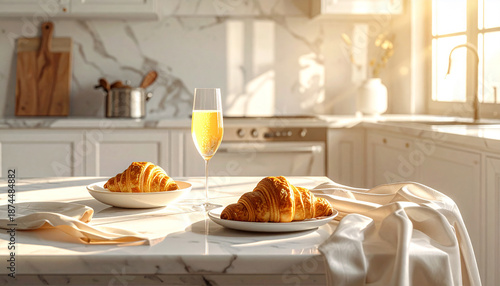 sunlight croissants, a champagne glass with mimosa, and chair