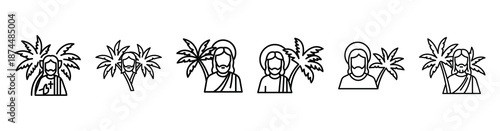 jesus and palm Line art illustration isolated on white background of palm sunday icons