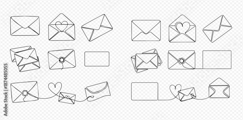 Set of hand-drawn doodle envelopes and letters, various styles, continuous line art, communication symbols.