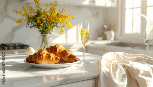 sunlight croissants, a champagne glass with mimosa, and chair