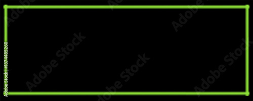 Illuminate rectangle frames. Bright glowing green neon lights on dark background with empty copy space middle
