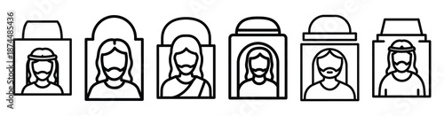 jesus humble entry Line art illustration isolated on white background of palm sunday icons