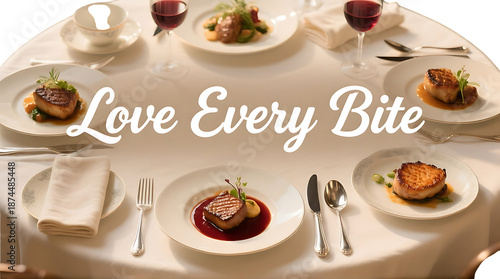 A beautifully set table with a variety of delicious food and wine for a romantic dinner