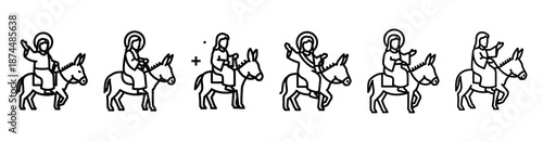 jesus riding donkey Line art illustration isolated on white background of palm sunday icons