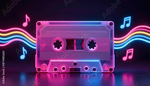 Retro cassette tape with neon lights and musical notes, evoking nostalgia and vibrant sound