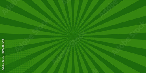 Comic green abstract background with beams radial and halftone effects, empty green comic style zoom lines background, Superhero comic book poster background with halftone print effect.