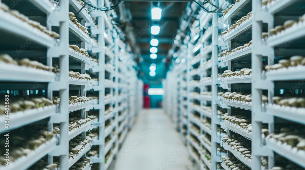 Obraz premium Indoor mushroom farm cultivating edible fungus on vertical shelves under bright LED lights for controlled agriculture
