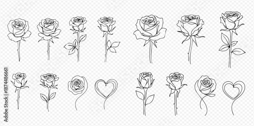 Set of continuous line art drawings of roses and hearts, perfect for romantic and elegant designs.