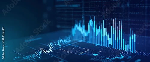 Dynamic stock market data visualizations animate across a digital screen, as the camera slowly pans, creating a futuristic, cinematic experience with glowing neon highlights and financial analytics.