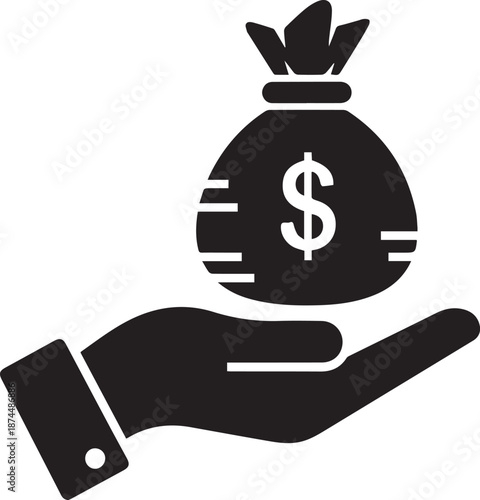 A hand holding a money bag with a dollar sign on a white background