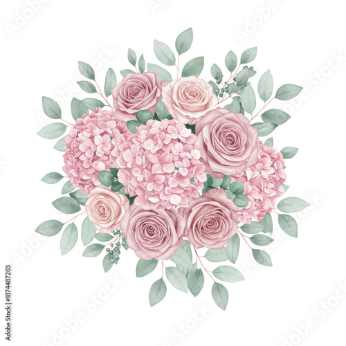 detailed watercolor illustration of a luxurious floral bouquet with dusty rose english garden roses, pink hydrangeas, and eucalyptus, flat lay on a transparent background, high-end bridal concept