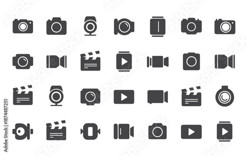 vector illustration of photo and video icons, photography, image, photo gallery, video camera, photo camera and diaphragm symbols, flat minimal design for web and apps.