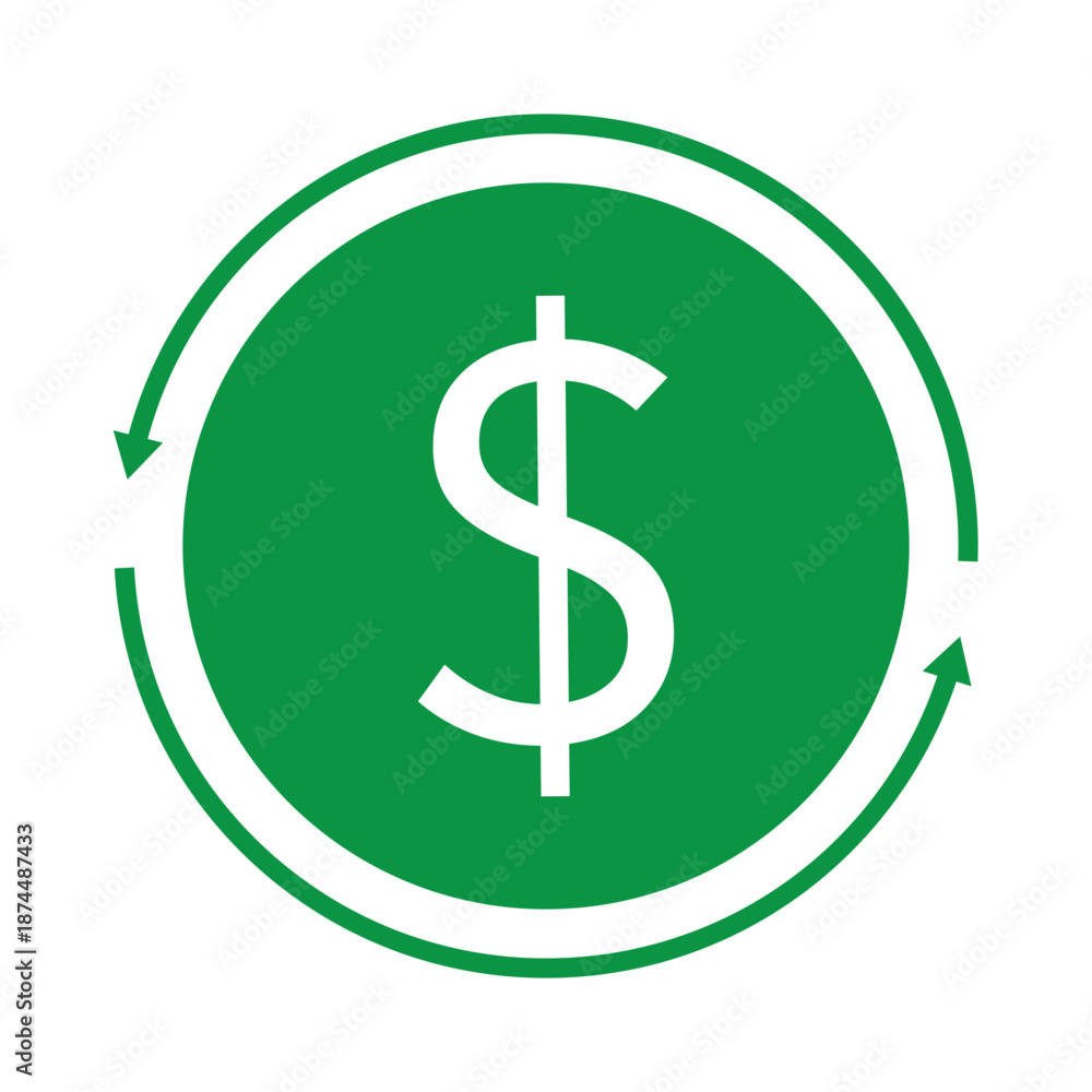 Obraz premium Green dollar sign coin icon. A flat vector illustration representing money, finance, currency, and business concepts, isolated on transparent background. 