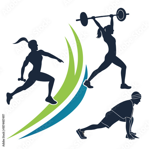 Silhouettes of athletes engaging in various fitness activities
