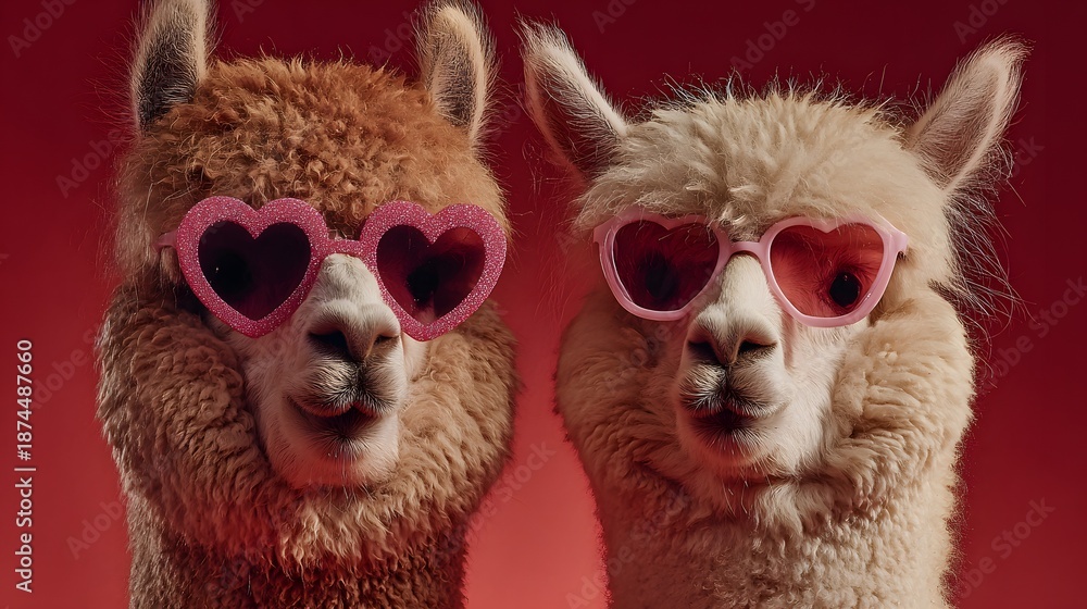 Fototapeta premium Two alpacas wearing pink heart-shaped sunglasses, funny animals and Valentine’s Day concept