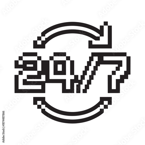 Pixelated circular design featuring the text 24 7 in a blocky style