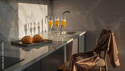 sunlight croissants, a champagne glass with mimosa, and chair