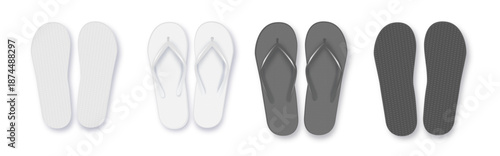 Realistic 3d White and Black Blank Empty Flip Flop Closeup Isolated on White Background. Design Template of Summer Beach Flip Flops Pair Mockup. Vector