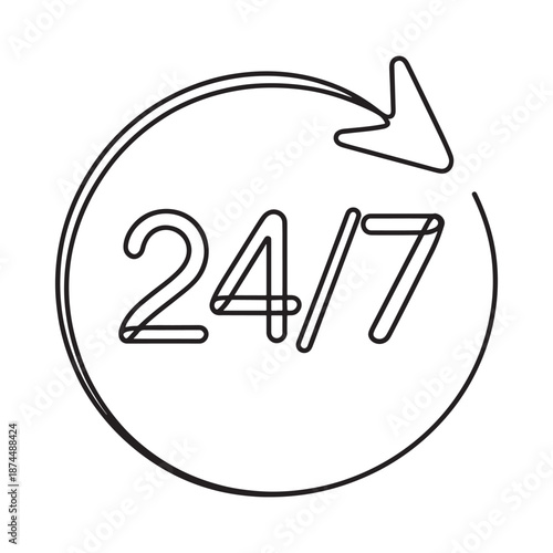 A simple black and white line drawing of a 24 7 availability symbol