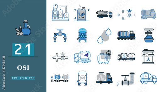 Industrial water and oil transportation icons in blue and black