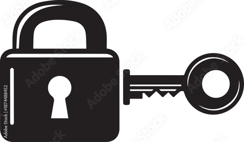A black and white illustration of a padlock and key, symbolizing security and access control