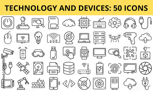 Technology icons set featuring gadgets, devices, and accessories  