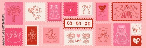 Valentine’s Day hand drawn postage stamps in cute doodle sketch style. Romantic postal elements for wedding invitations, postcards, posters and scrapbook designs. Love themed vector illustrations