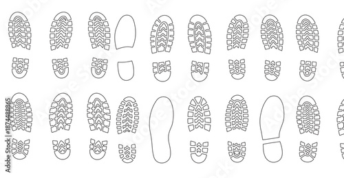 Diverse black and white shoe sole patterns with detailed tread outlines for forensic investigation and graphic design elements