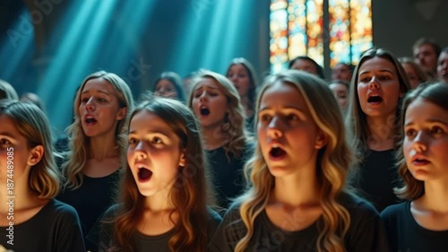 Wallpaper Mural A youth choir of young girls singing a hymn in a church. Singers performing with devotion under dramatic god rays of light. Faith, worship, and spiritual music concept Torontodigital.ca