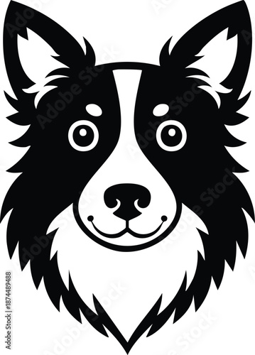 Detailed black and white Border Collie dog face portrait vector illustration for pet breed canine agility and animal rescue design concepts isolated on white