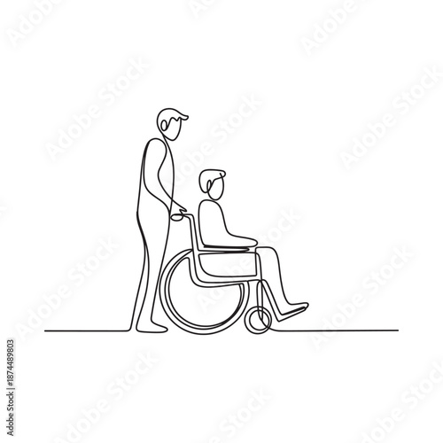 A minimalist line drawing depicts a man assisting a person in a wheelchair