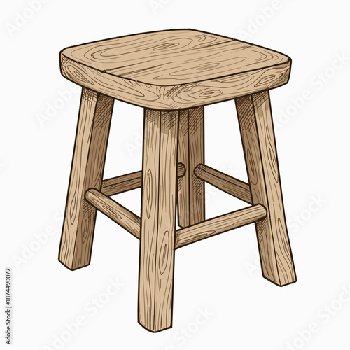 hand drawn wooden stool illustration for furniture catalogs, interior design blogs, home decor websites, and woodworking craft presentations
