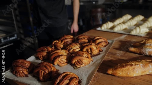 A baker wearing orange kitchen gloves removes a baking sheet of hot, freshly baked Scandinavian cinnamon and cardamom buns from a professional oven and places it on a wooden table.