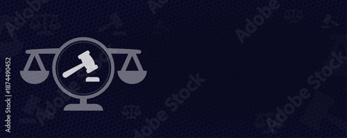 Judiciary and Justice system concept with judge gavel icon and scales of justice on dark blue background, law and order legislation, professional vector with copy space