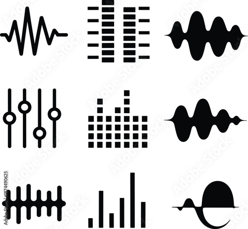 Audio waveform icons, sound equalizer set, music mixing tools, black line design, minimal interface symbols, audio engineering graphics