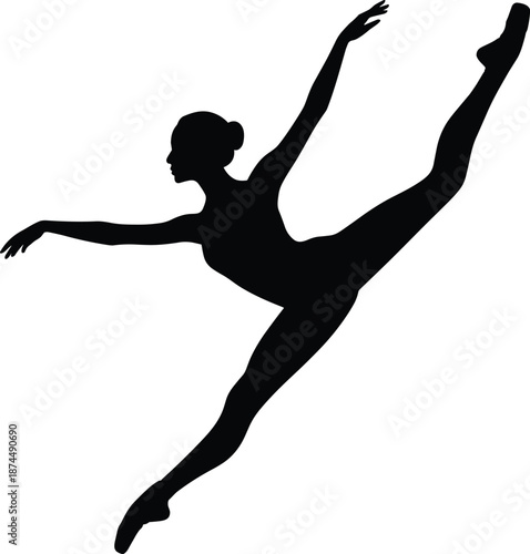 Ballet dancer silhouette, grand jeté pose, elegant leap, black design, expressive movement, dance icon, minimal art, graceful figure