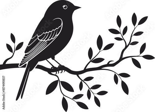 Bird silhouette on branch, perched nature icon, black design, minimal wildlife art, feather detail, tree foliage graphic
