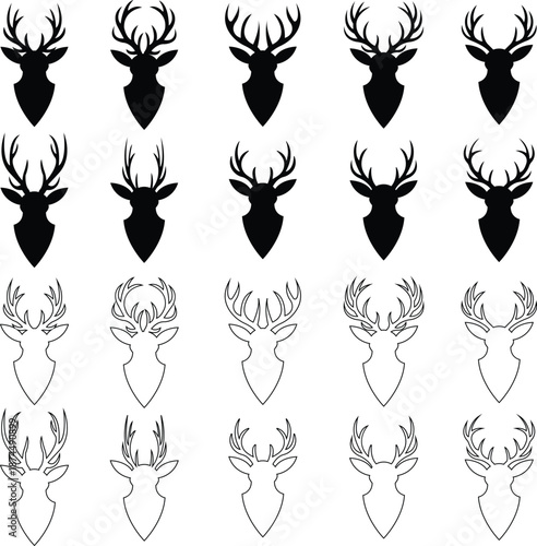 Deer antlers head icons set collection with stag buck reindeer silhouettes in flat and line style, wildlife animal outline illustration group for logo branding tattoo design