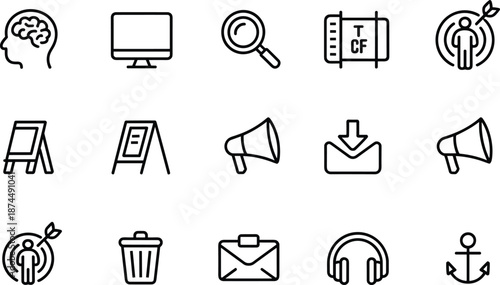 Black line icons, digital interface symbols, business media tools, communication elements, goal target, art tech concept, minimal design