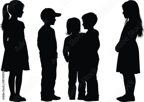 Black Silhouettes of Five Children Standing in a Row, Interacting in Varied Poses, Perfect for Themes of Childhood, Communication, Friendship, and Social Development