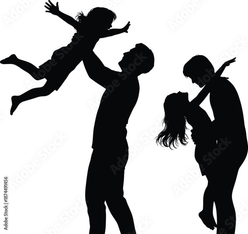 Family bonding silhouette, adult and child interaction, playful embrace icon, black design, nurturing moment, minimal parenting art